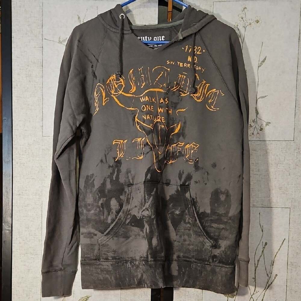 Gray and Orange Hoodie Sweatshirt with Graphic Design